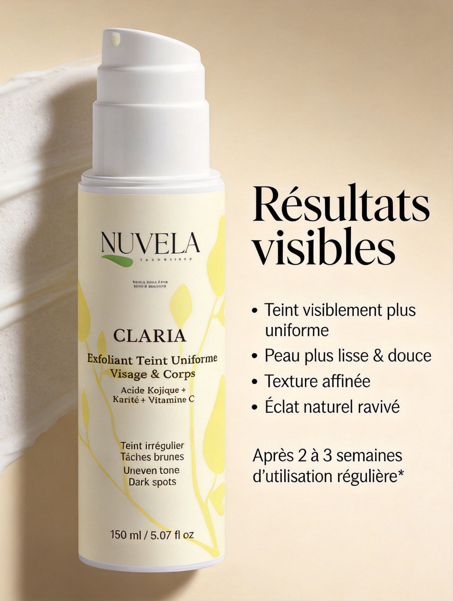 CLARIA - Exfoliant Teint Uniforme Visage & Corps - Acide Kojique, Vitamine C & Beurre de Karité | 150 ml