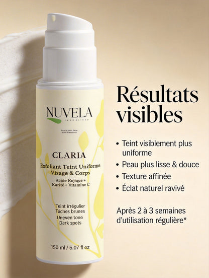 CLARIA - Exfoliant Teint Uniforme Visage & Corps - Acide Kojique, Vitamine C & Beurre de Karité | 150 ml